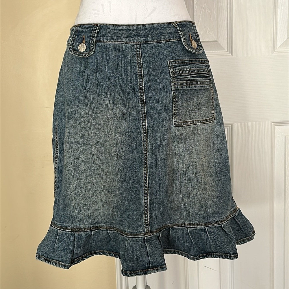 Rave R4R Pleated Ruffle Hem Denim Skirt Zipper Pockets Zipper Button Fly
